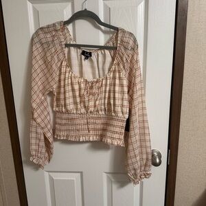 NWT Lulus keep it up cream plaid smocked long sleeve crop top sz M